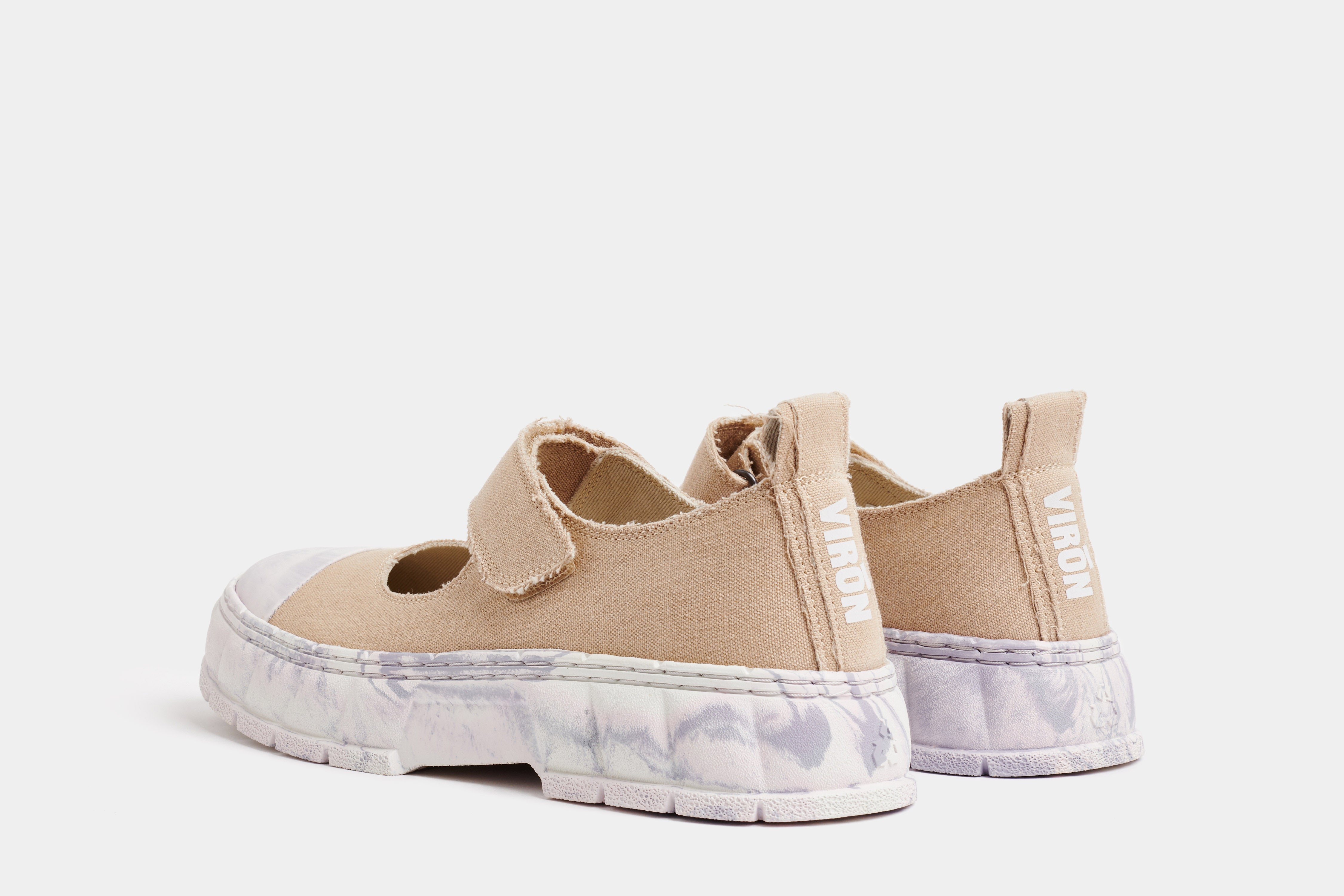 1999 Vegan beige velcro shoes made from recycled cotton shown from the back
