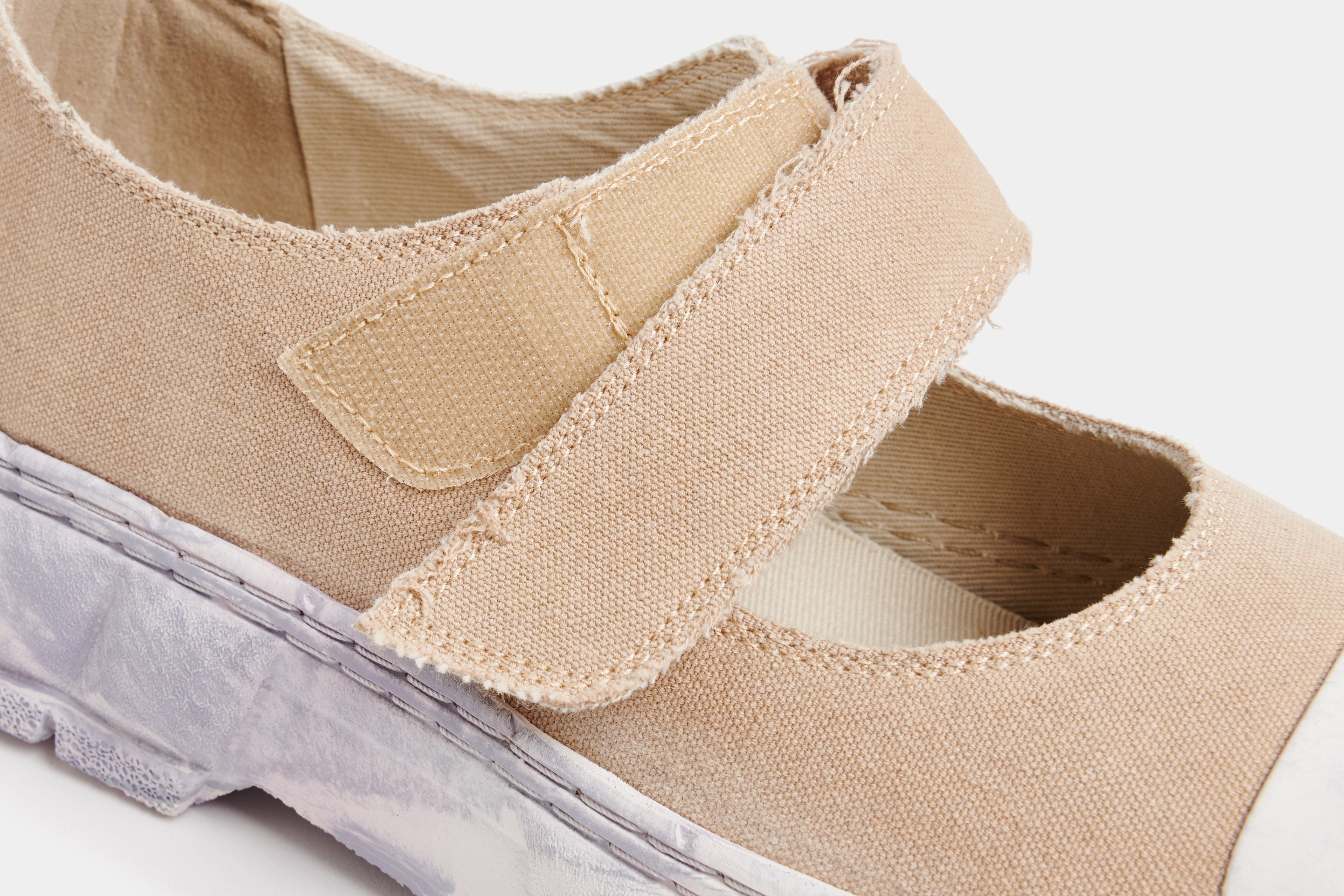1999 Vegan beige velcro shoes made from recycled cotton shown close up