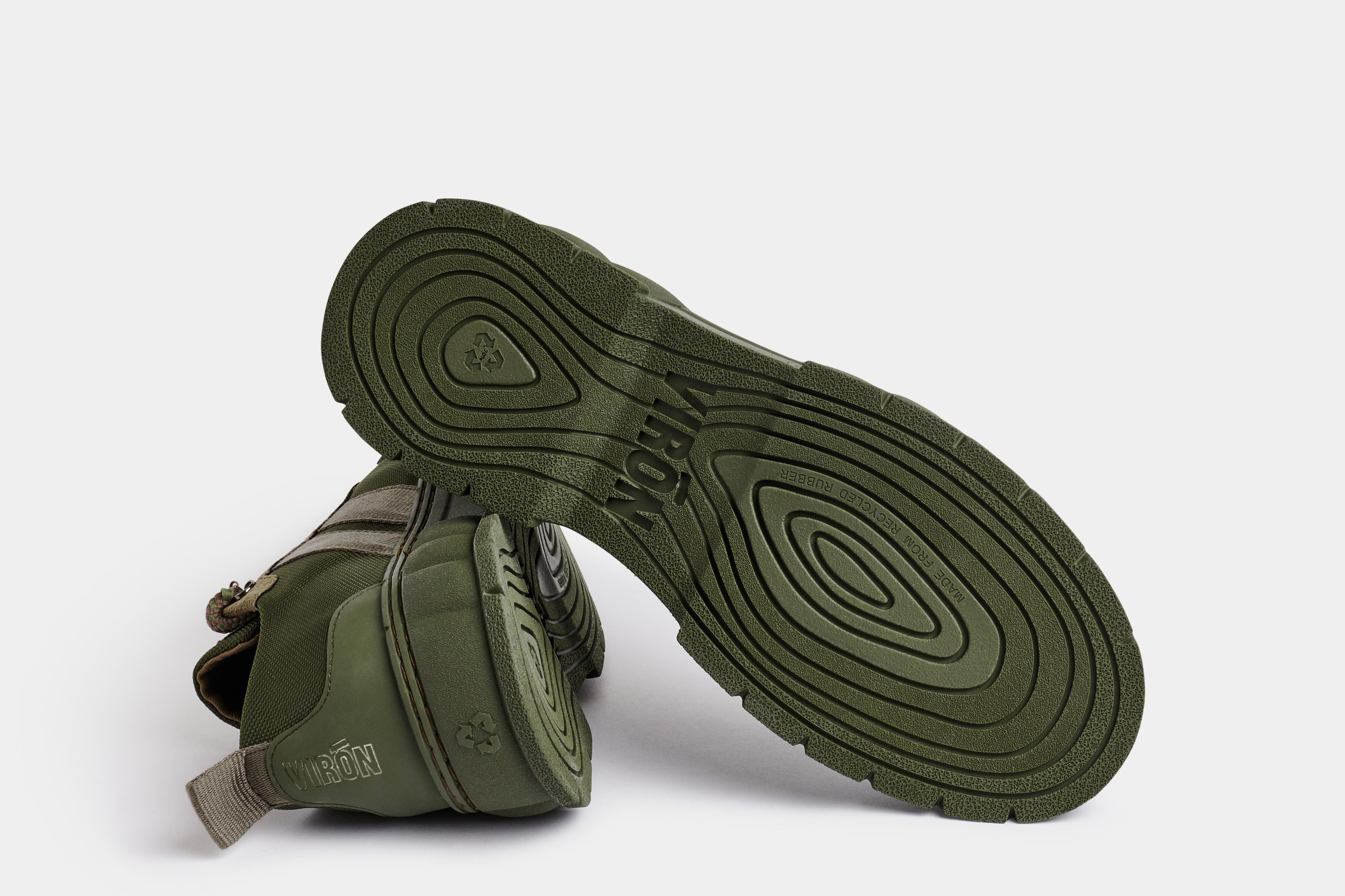 2008 Vegan army low-top sneaker out of recycled PET in green nylon shown from the bottom