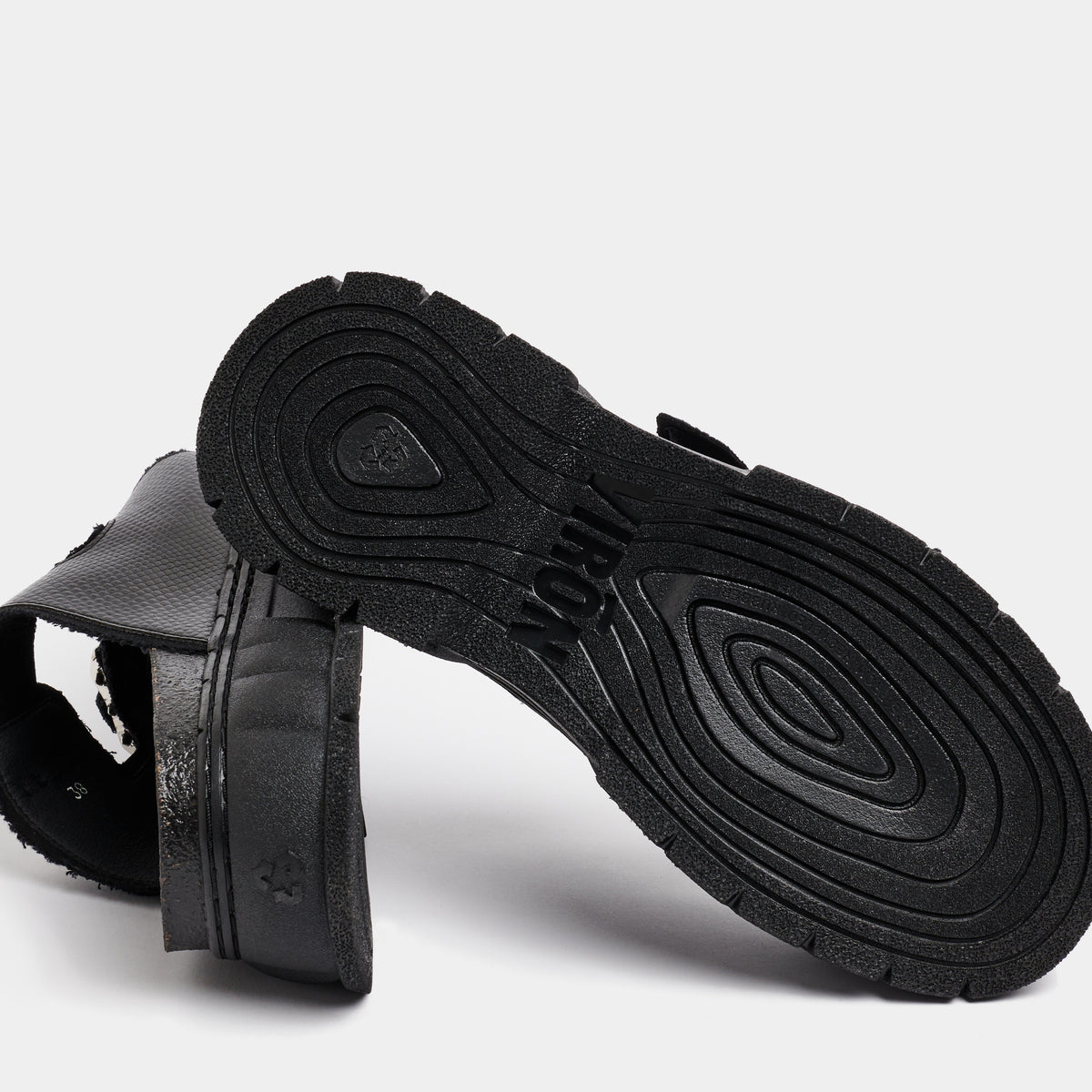 2018 Vegan black platform sandal made from apple leather in snake optic shown from the bottom