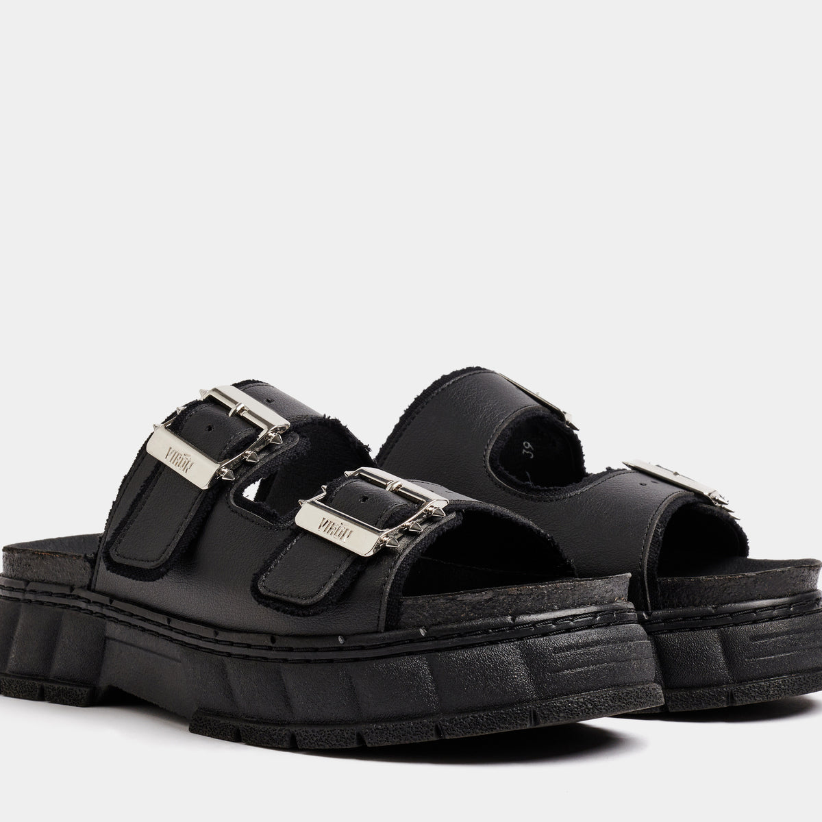 2018 Vegan black platform sandal made from corn leather shown from the front