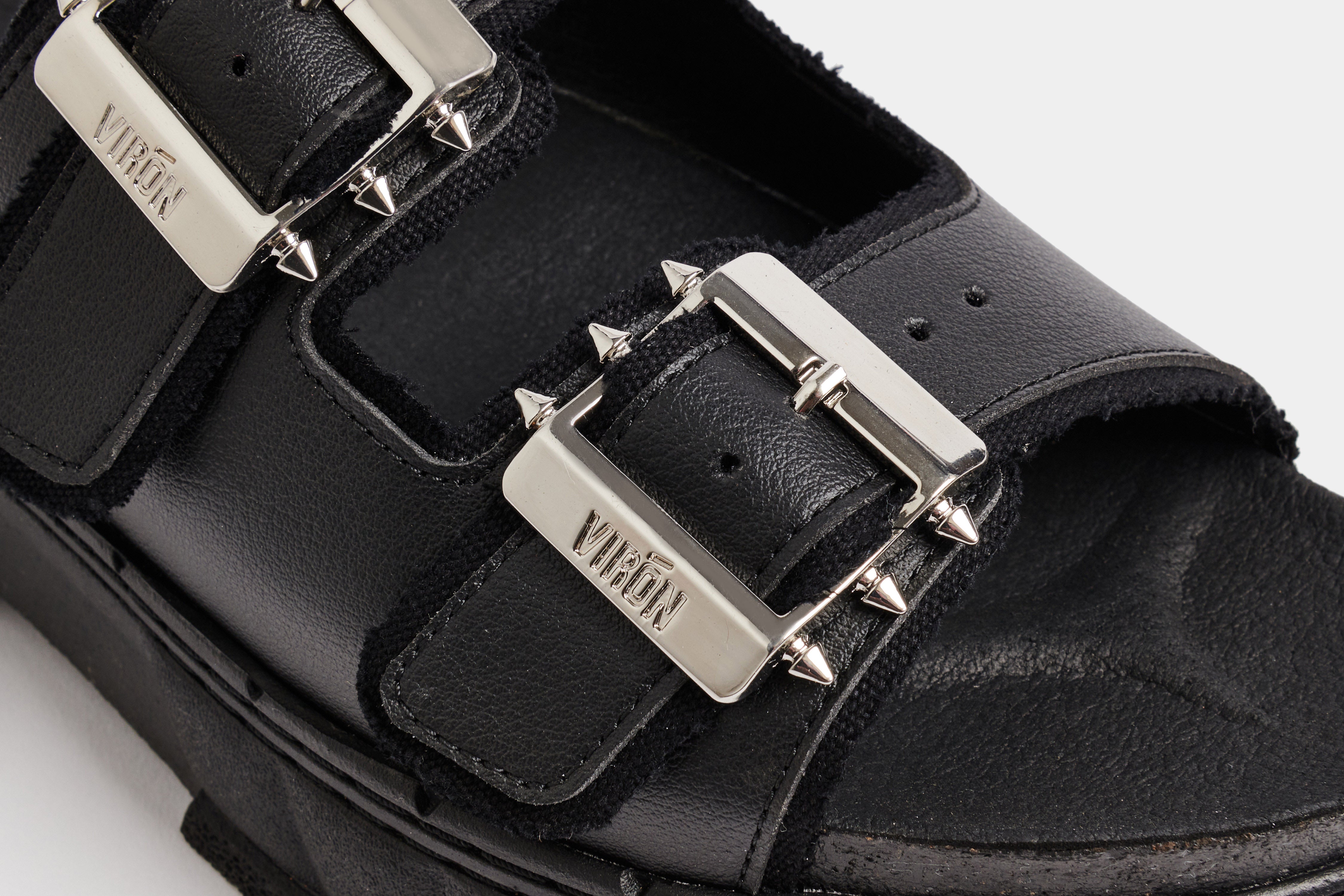 2018 Vegan black platform sandal made from corn leather shown close up