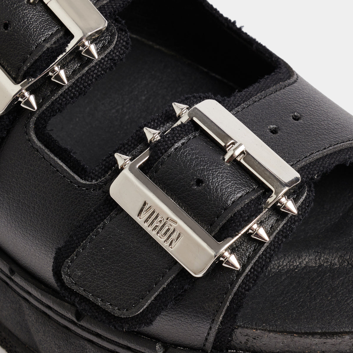 2018 Vegan black platform sandal made from corn leather shown close up