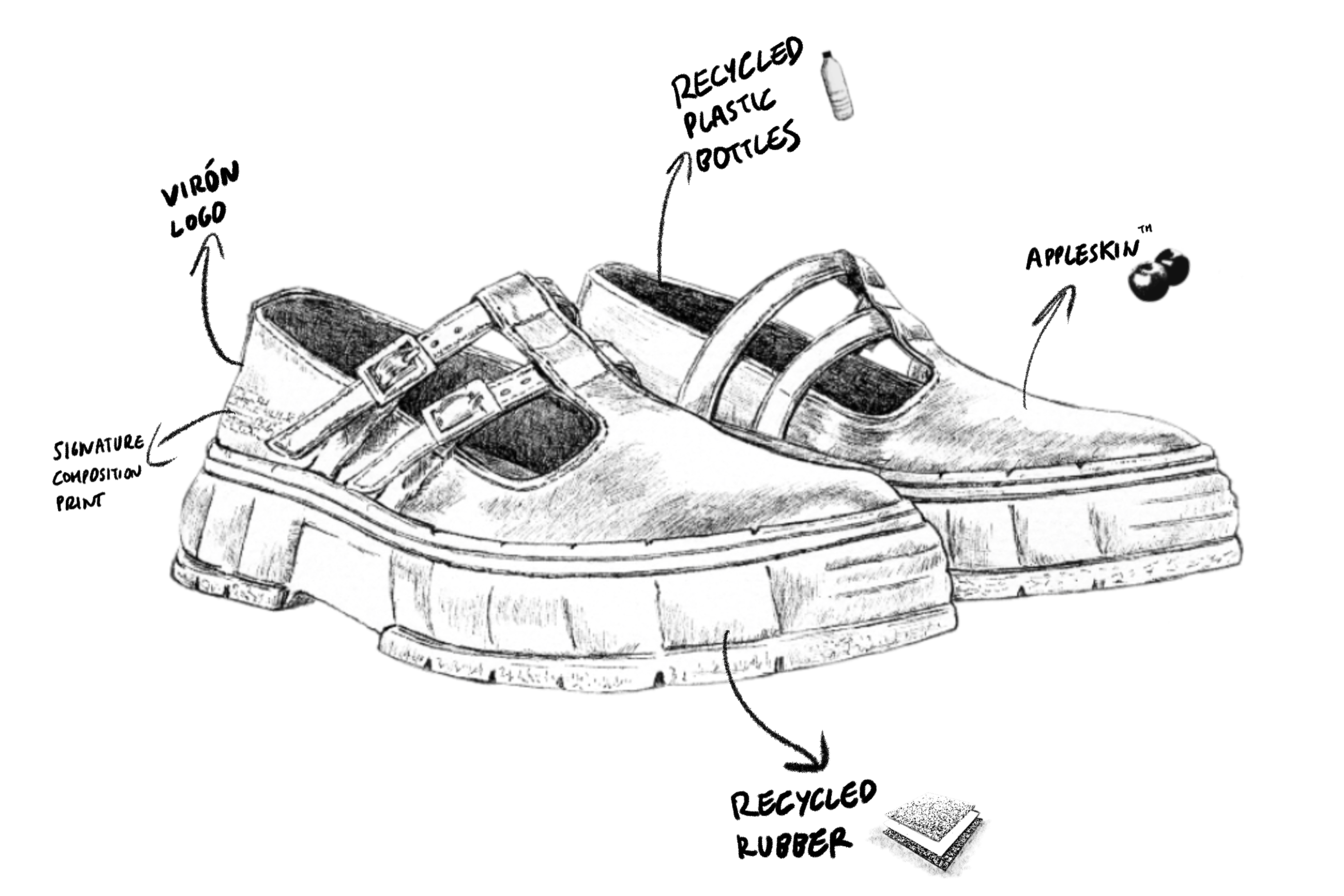2001 Vegan simple Mary Jane shoes out of Appleskin in black apple sketch