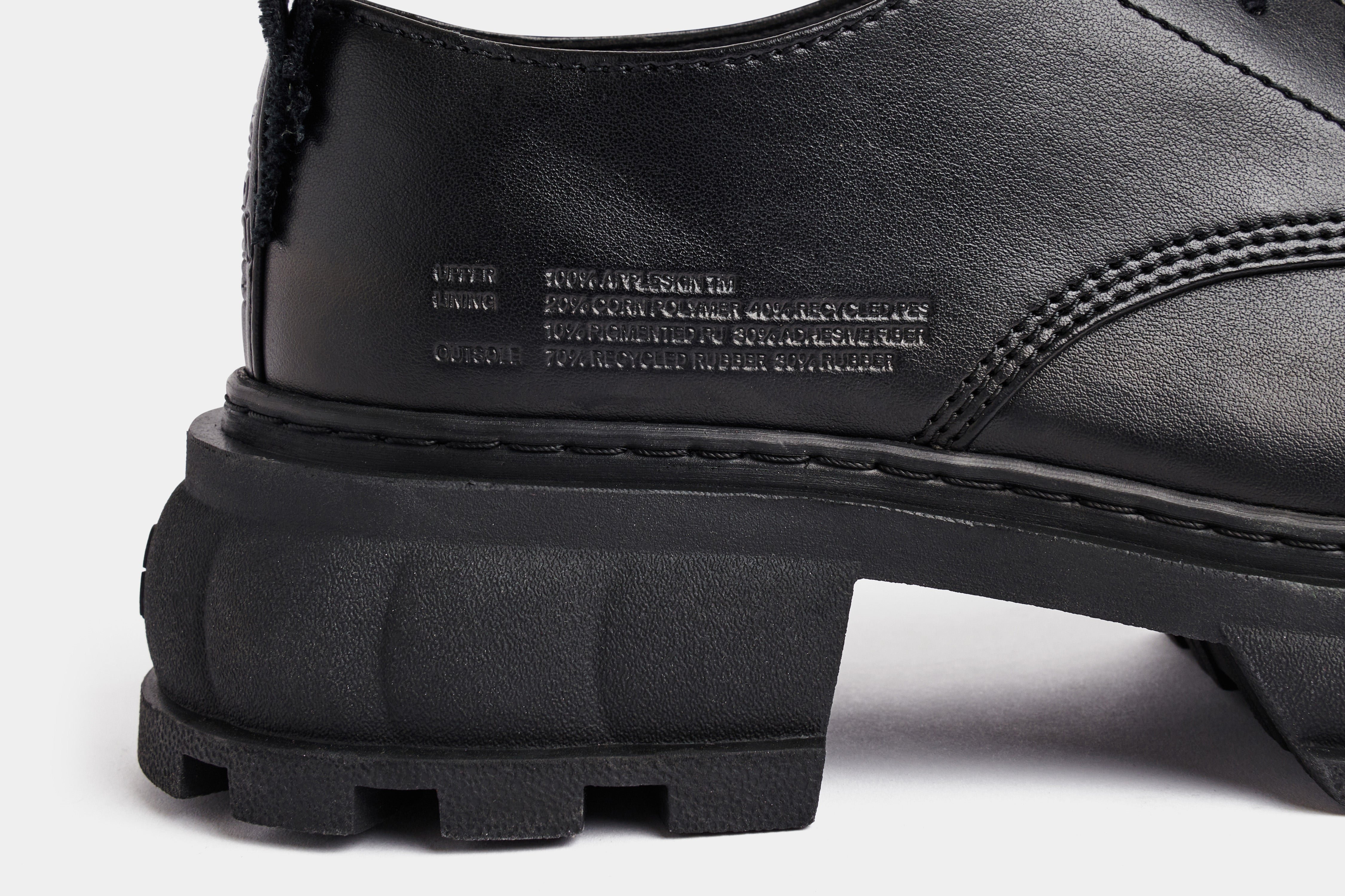 Alter Vegan platform derby shoes made from vegan leather in Black Apple shown close up
