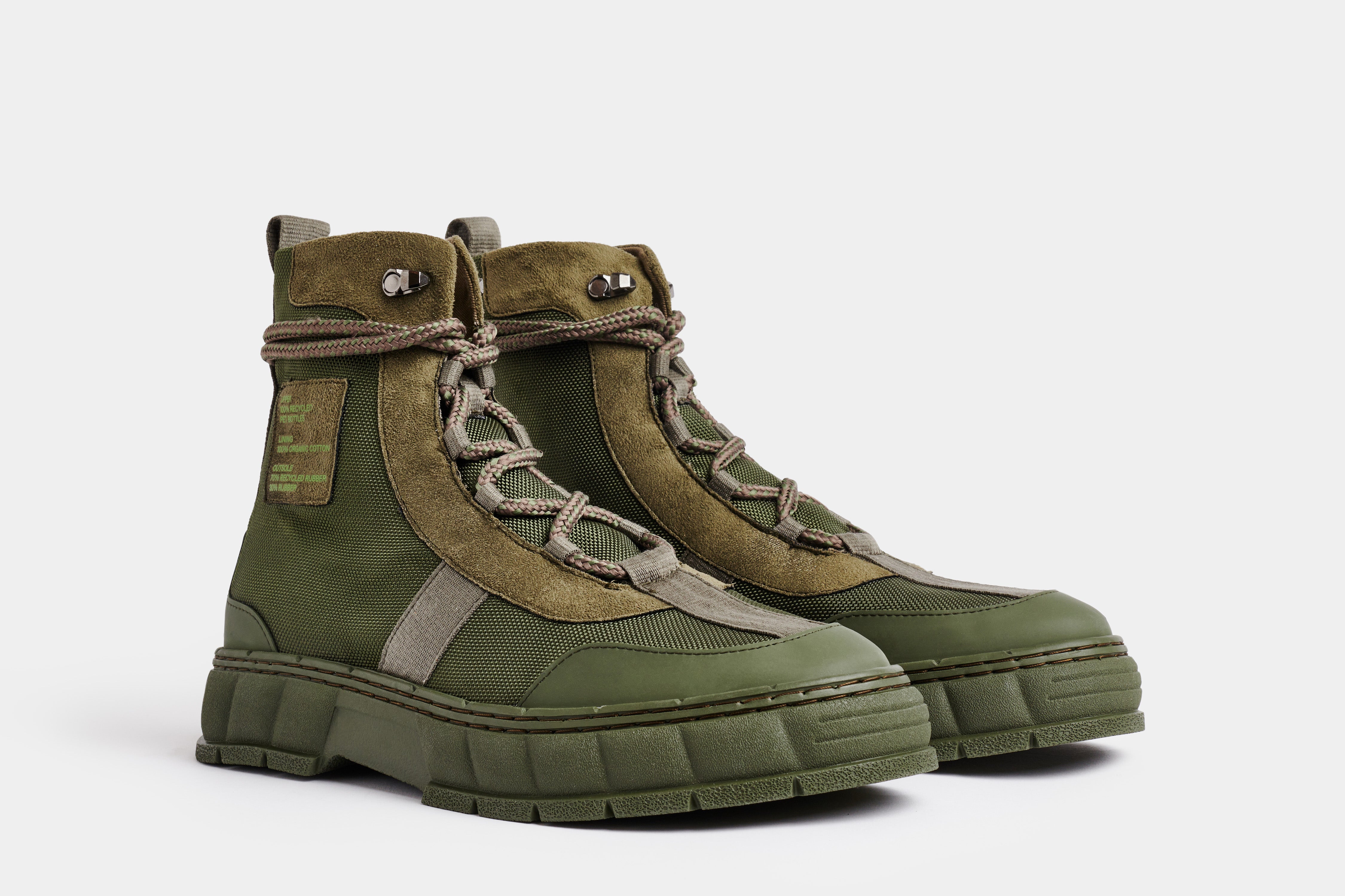 2017 Vegan army high-top sneaker out of recycled PET in green nylon shown from the front