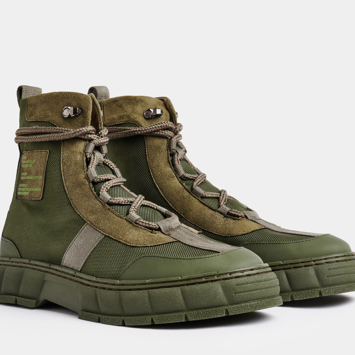 2017 Vegan army high-top sneaker out of recycled PET in green nylon shown from the front