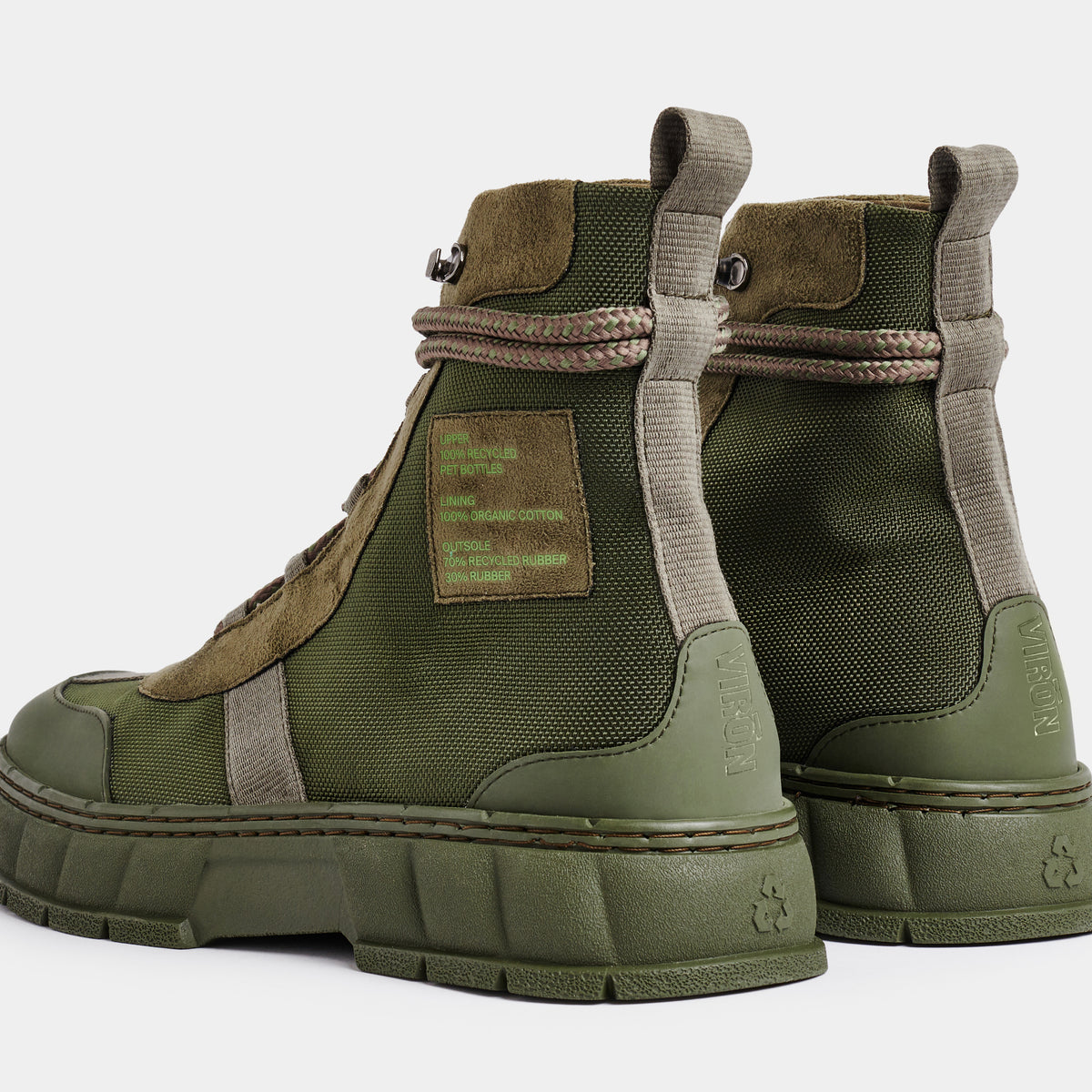 2017 Vegan army high-top sneaker out of recycled PET in green nylon shown from the back