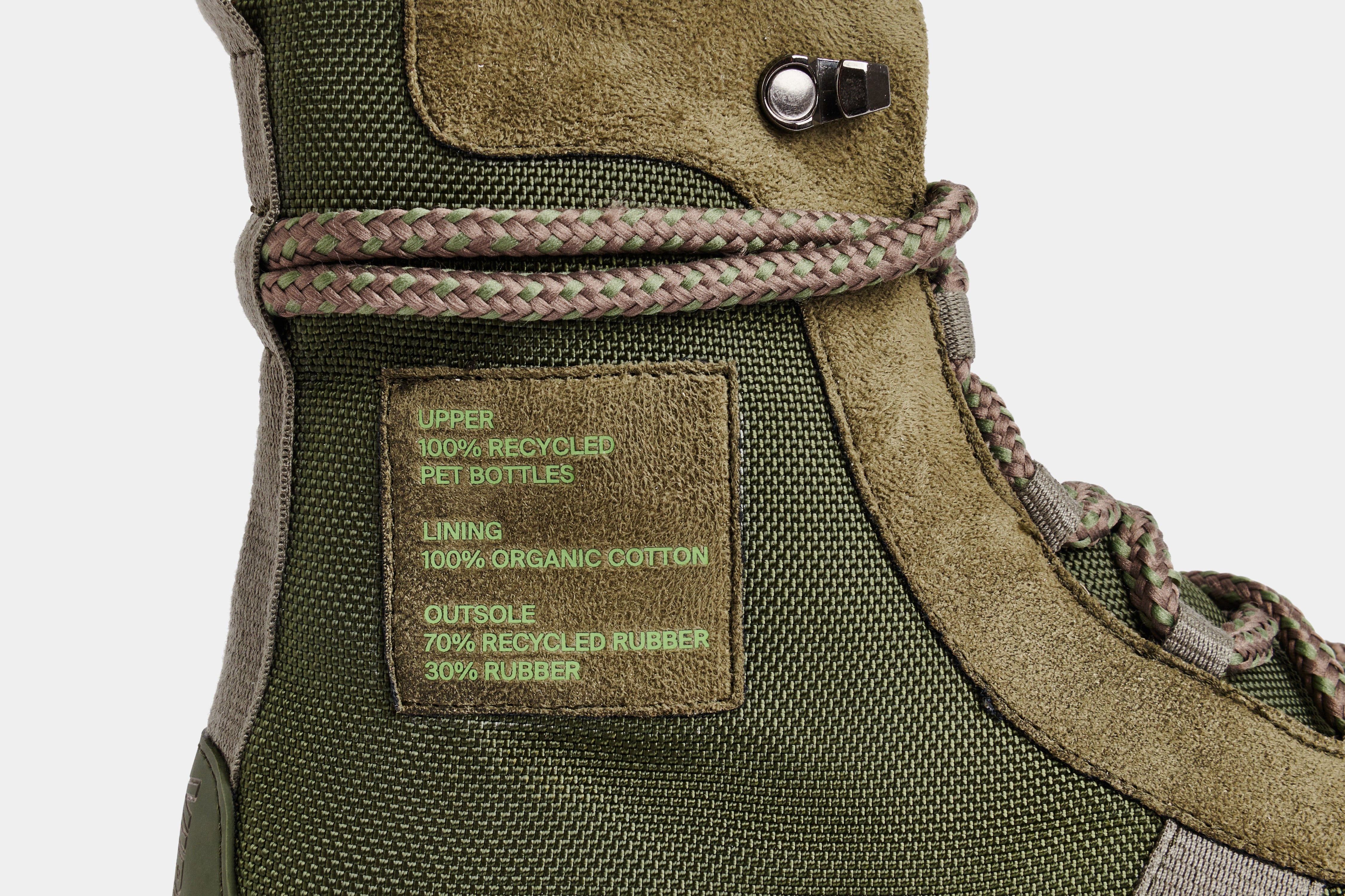 2017 Vegan army high-top sneaker out of recycled PET in green nylon detail close-up