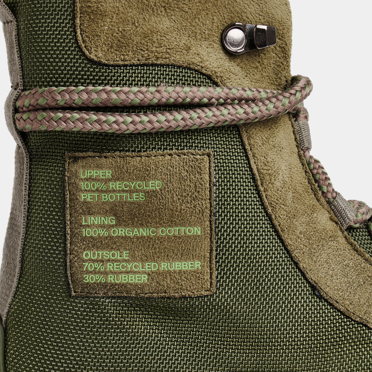 2017 Vegan army high-top sneaker out of recycled PET in green nylon detail close-up