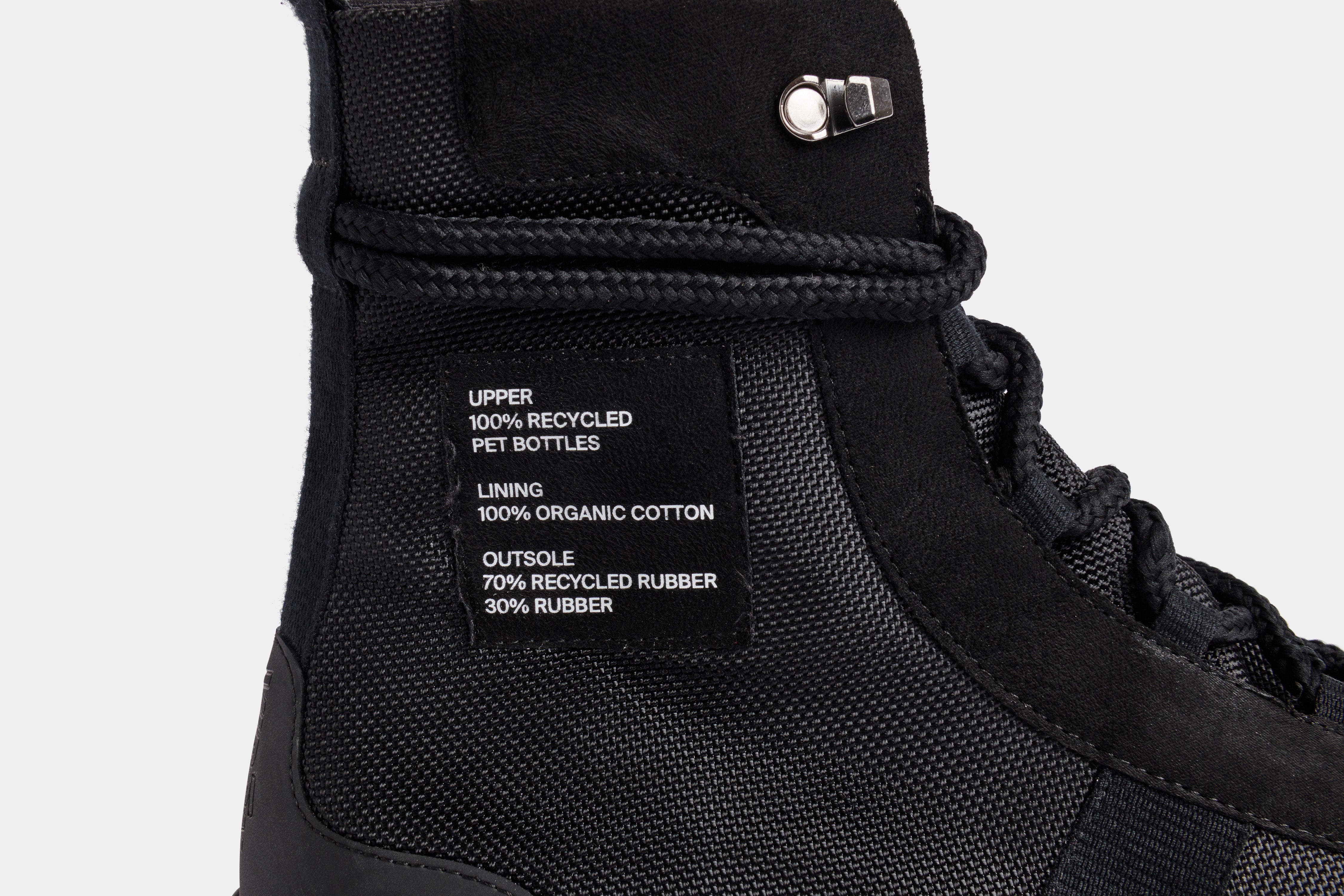 2017 Vegan army high-top sneaker out of recycled PET in black nylon detail close-up