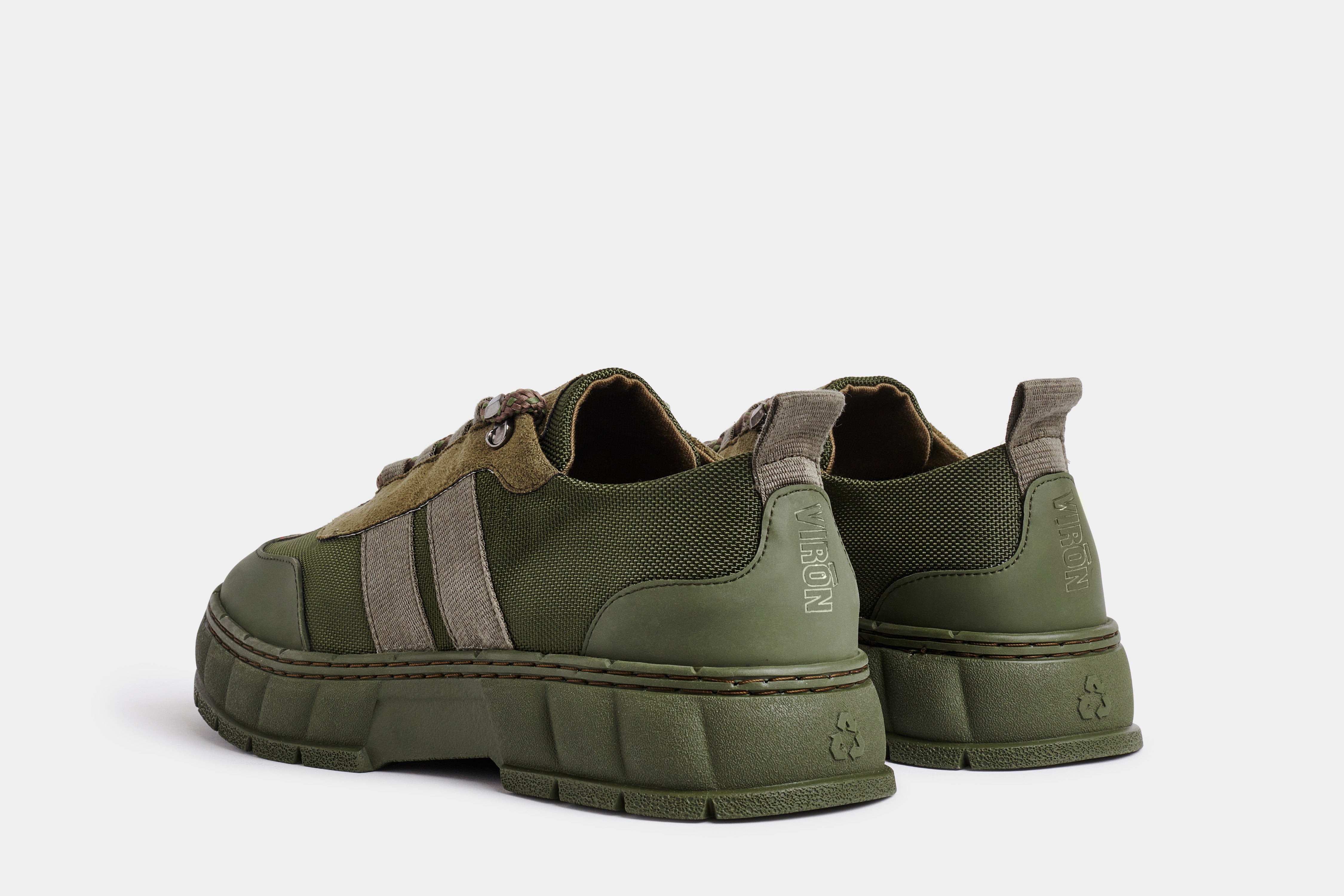 2008 Vegan army low-top sneaker out of recycled PET in green nylon shown from the back