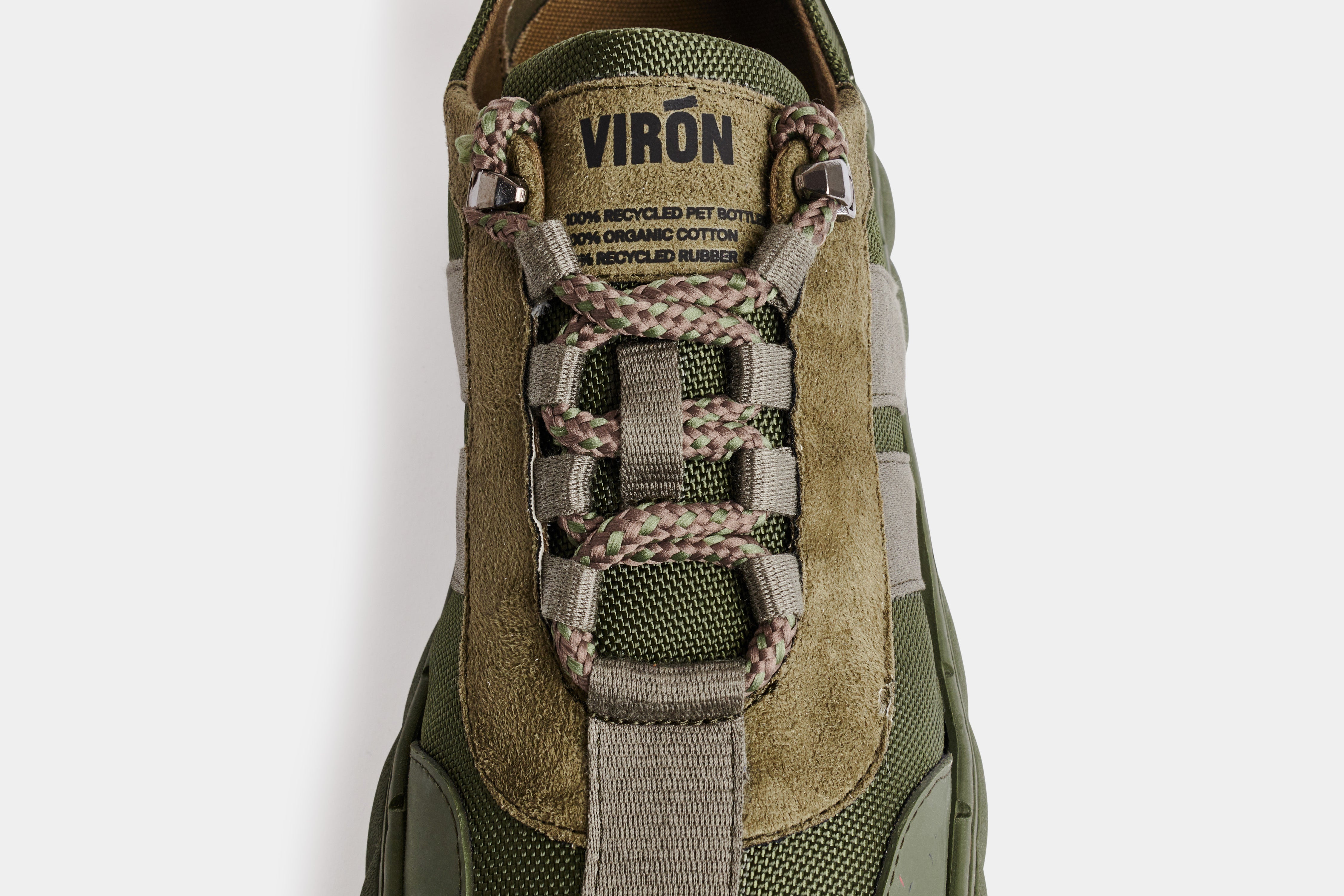 2008 Vegan army low-top sneaker out of recycled PET in green nylon detail close-up