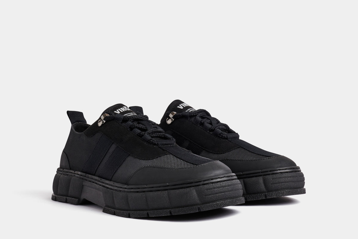 2008 Vegan army low-top sneaker out of recycled PET in black nylon shown from the front