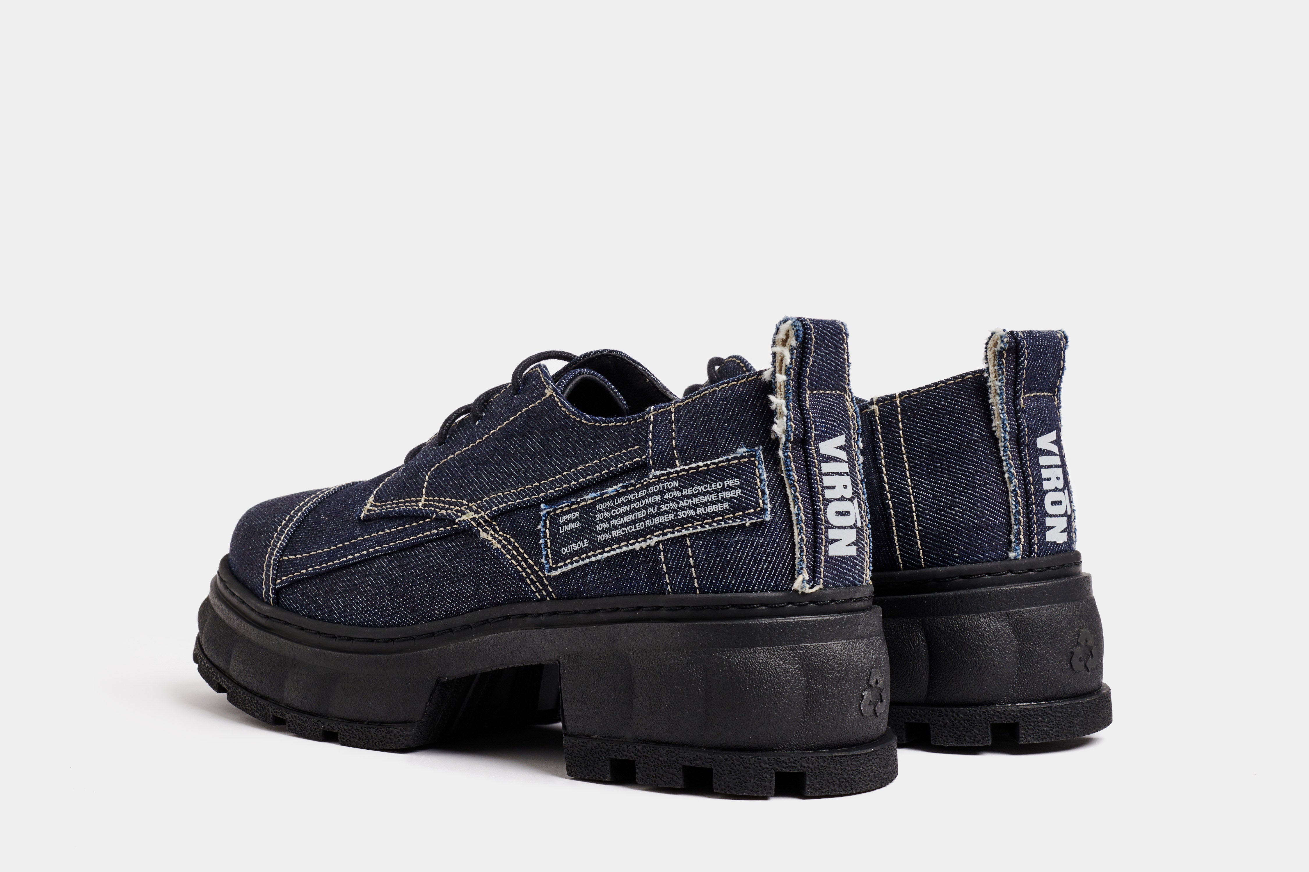 Alter Vegan platform derby made from upcycled denim in blue shown from the back