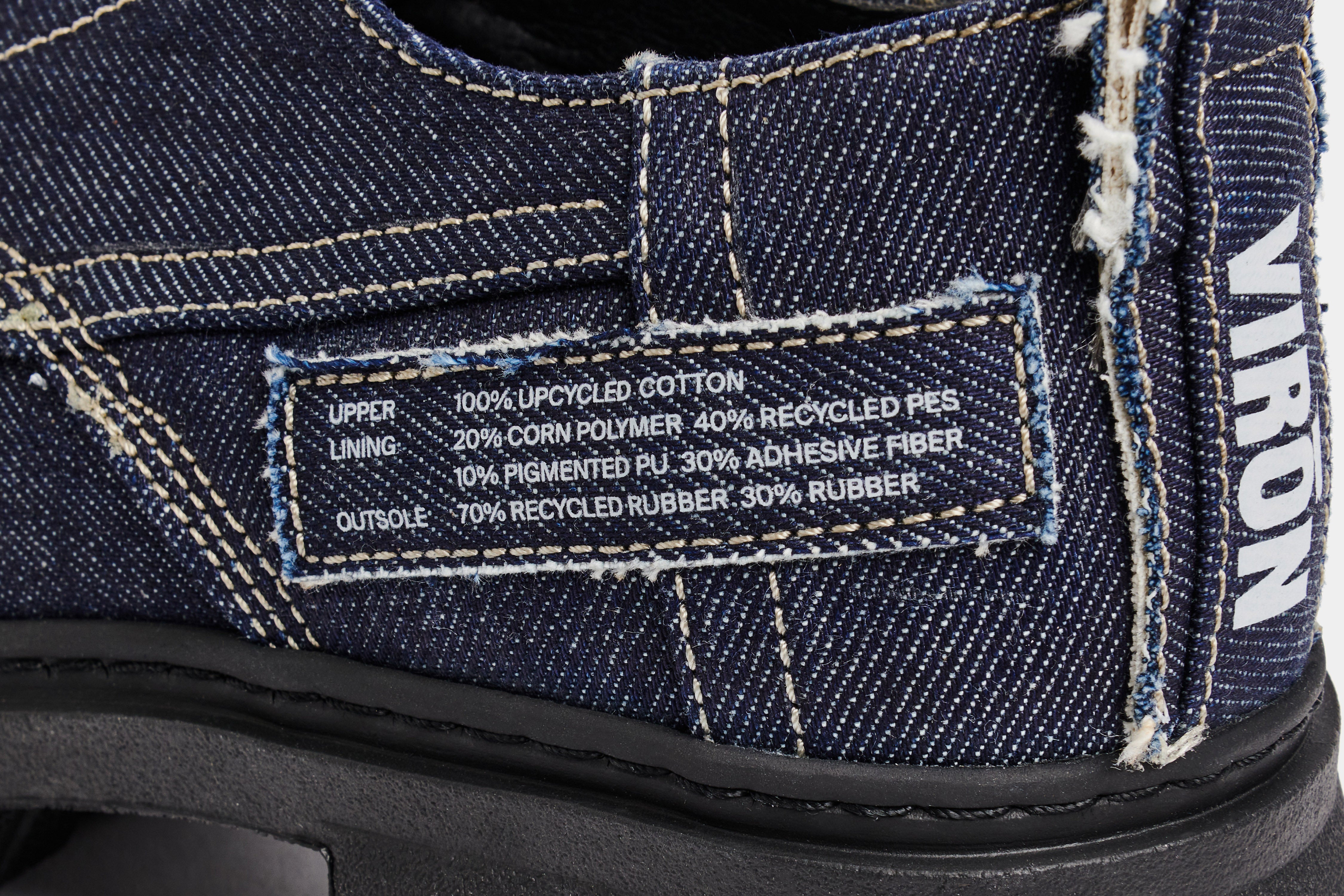 Alter Vegan platform derby made from upcycled denim in blue shown close up