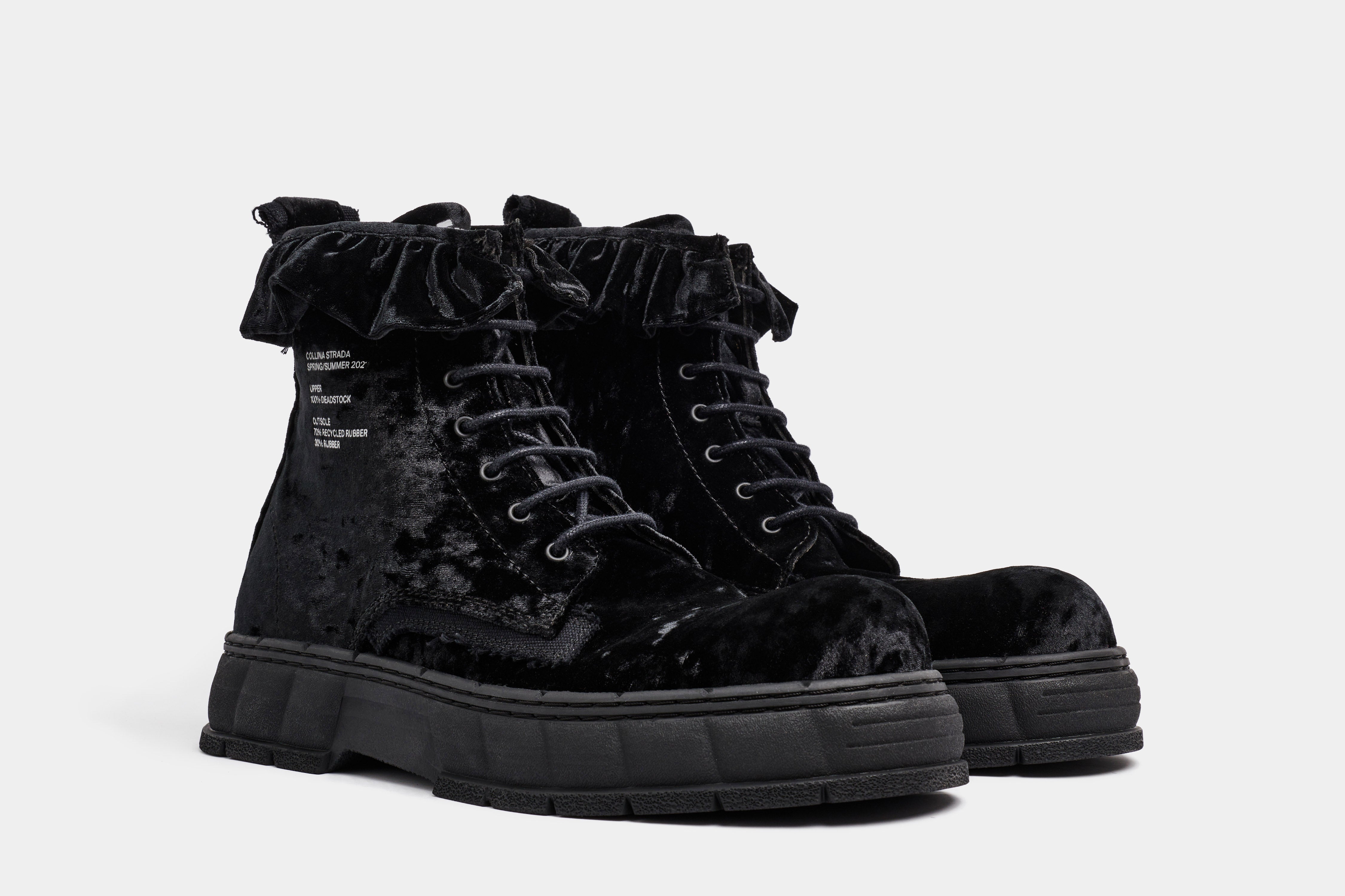 1992c Virón x collina Strada Vegan boots made from deatstock velvet in black velvet shown from the front