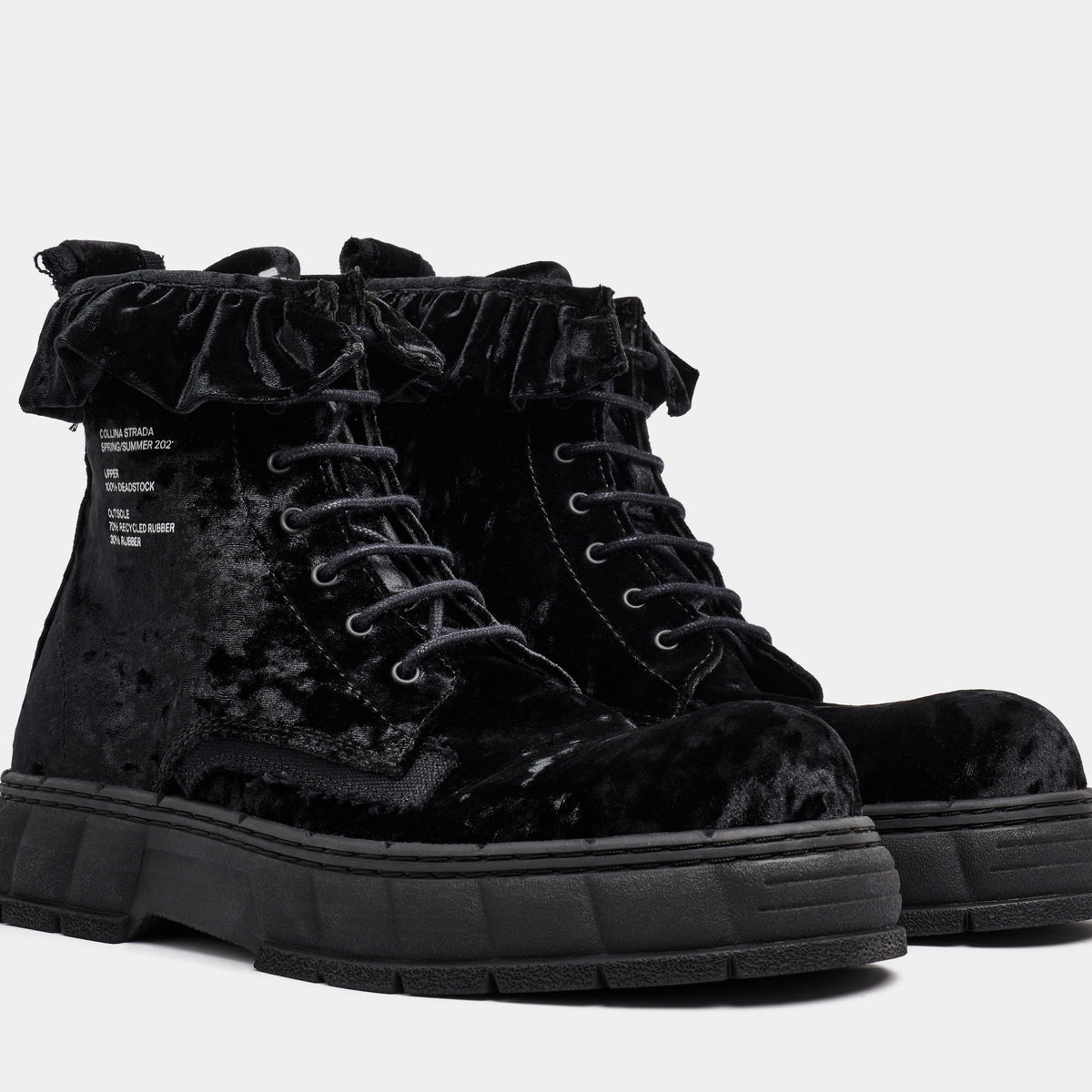 1992c Virón x collina Strada Vegan boots made from deatstock velvet in black velvet shown from the front