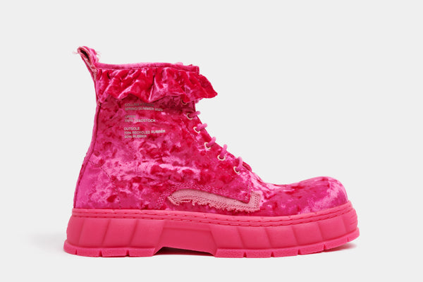 1992c Virón x collina Strada Vegan boots made from deatstock velvet in pink velvet shown from the side