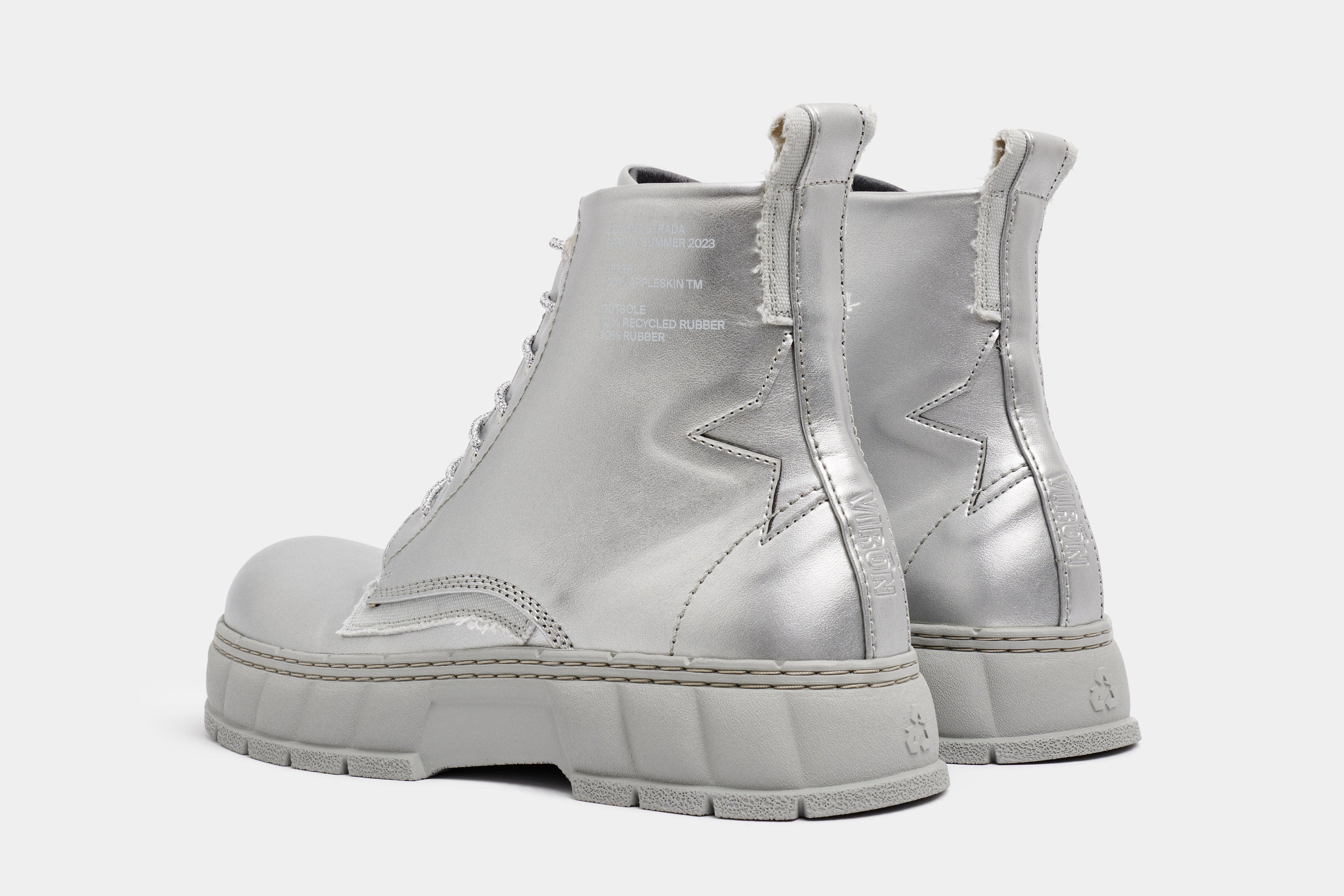 1992c Virón x collina Strada Vegan boots made from apple leather in silver apple shown from the back