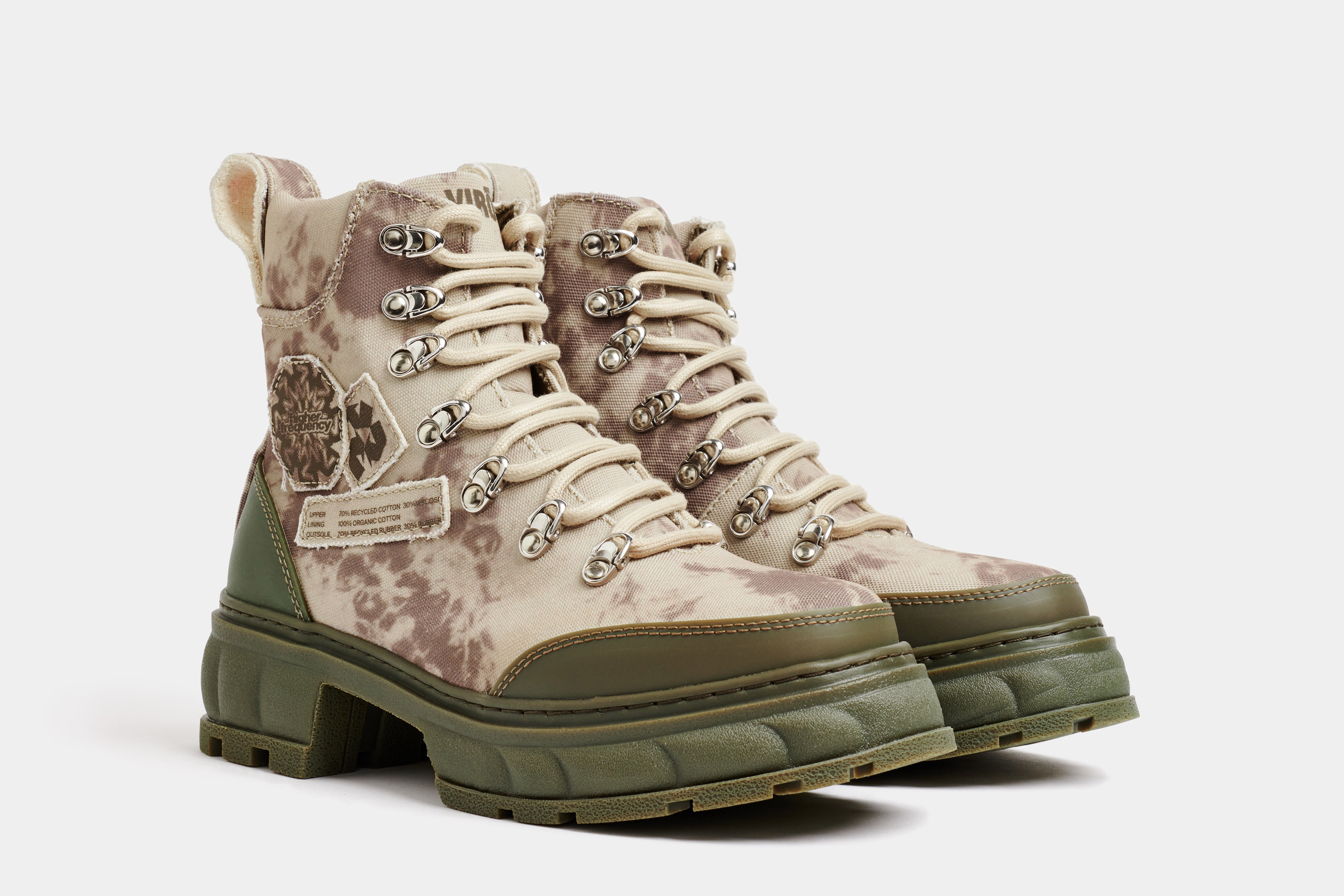 Disruptor Vegan hiking boot made from recycled PET in beige camouflage shown from the front