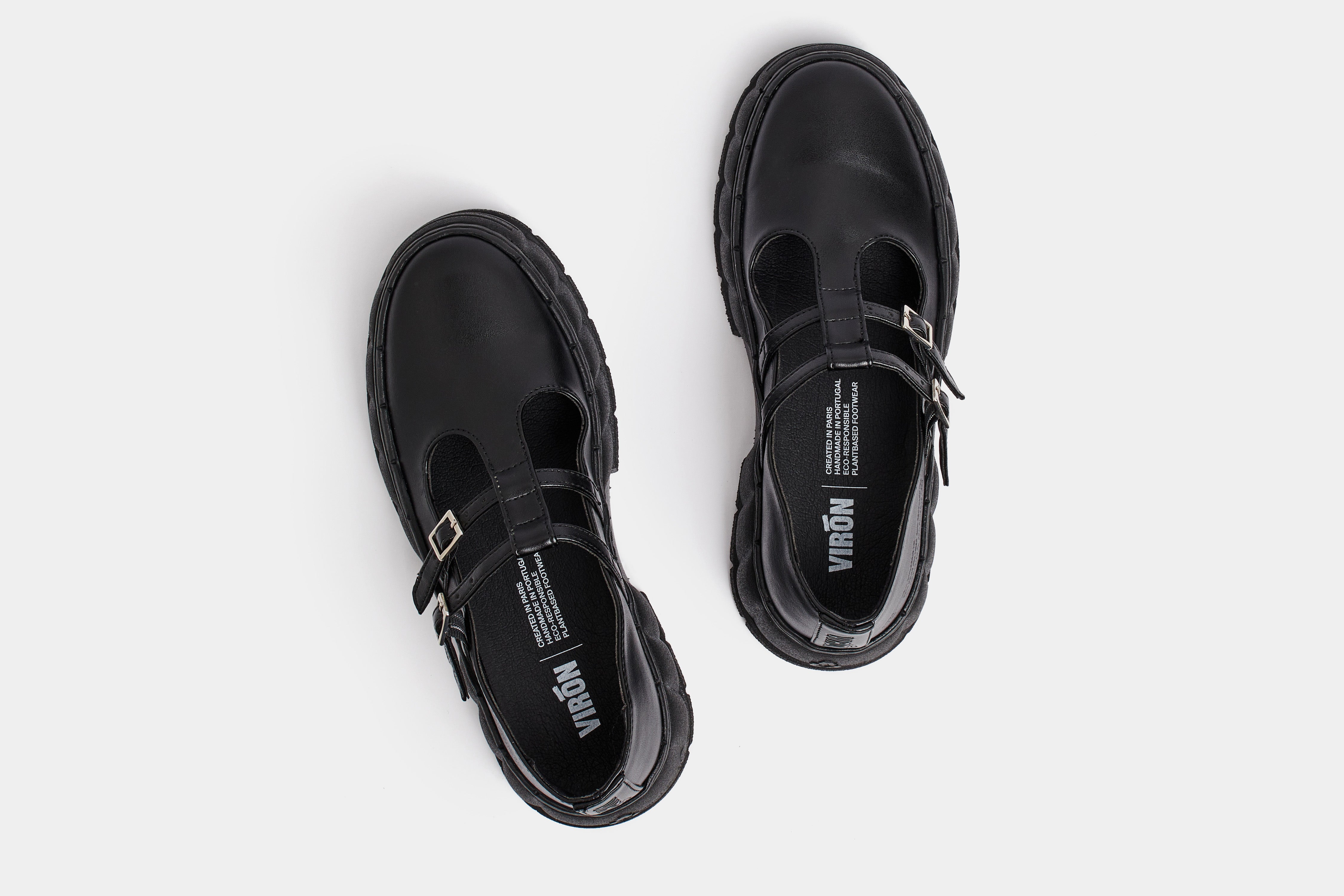 2001 Vegan simple Mary Jane shoes made from vegan leather in black apple shown from the top