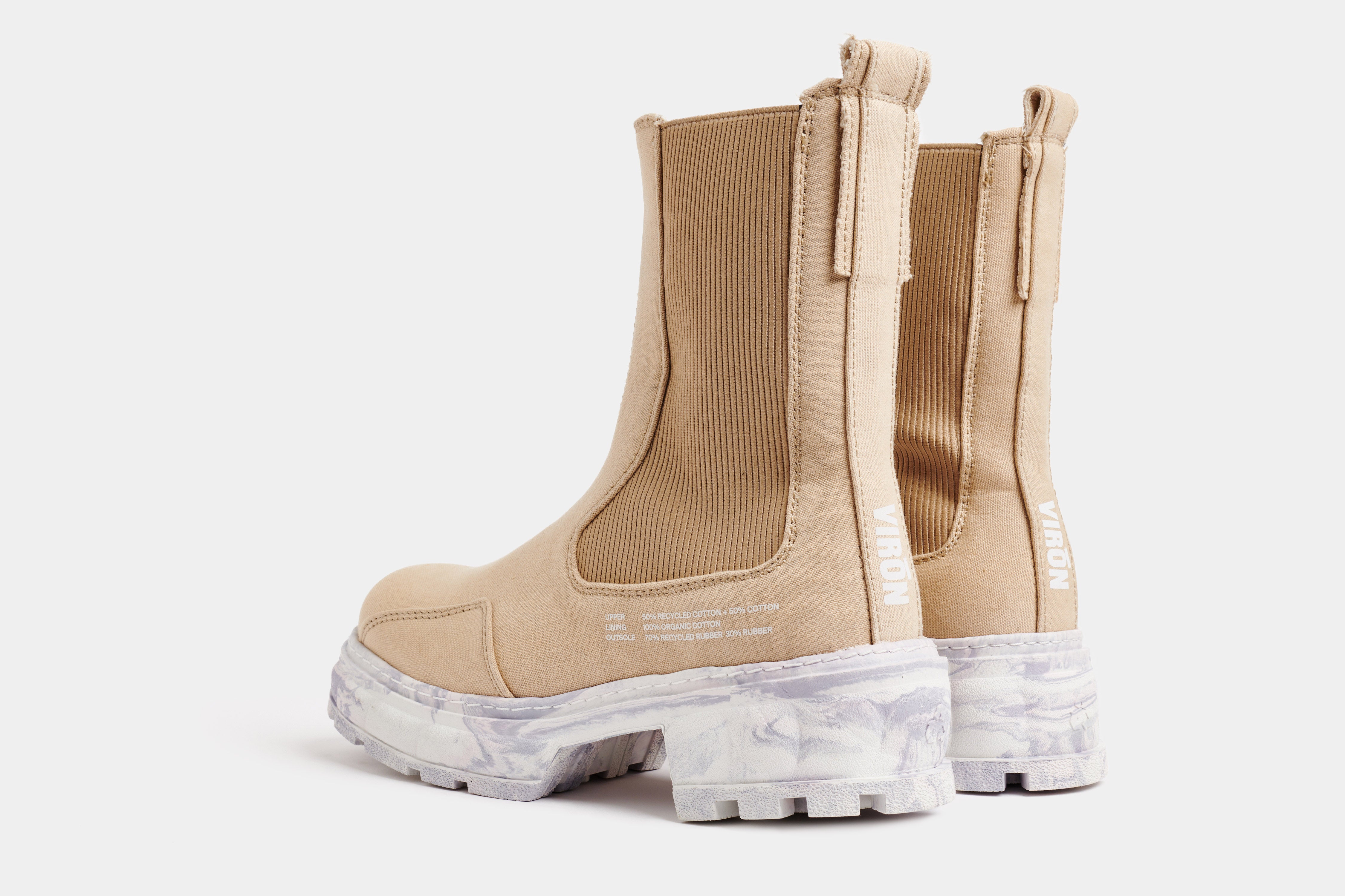 Paradigm Vegan platform Chelsea boot made from recycled cotton in beige shown from the back