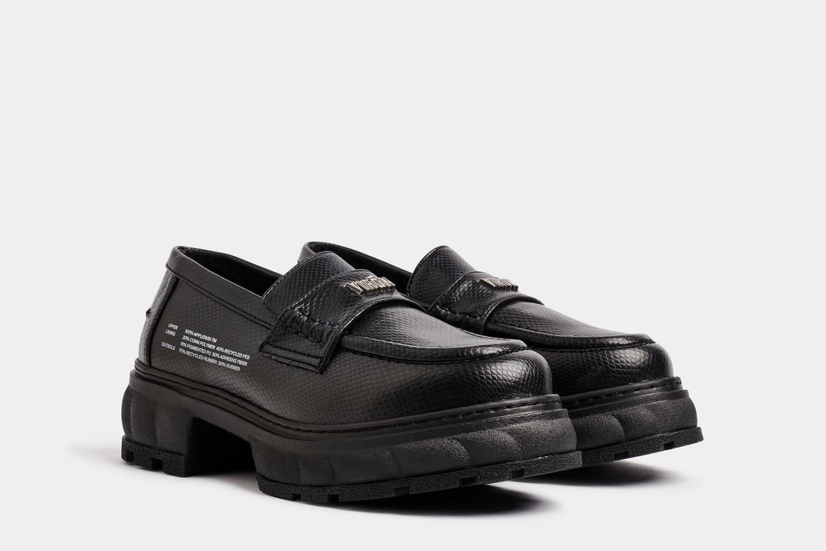 Quantum Vegan raised Loafer shoes in snakeskin optic out of Appleskin in Black Apple shown from the front