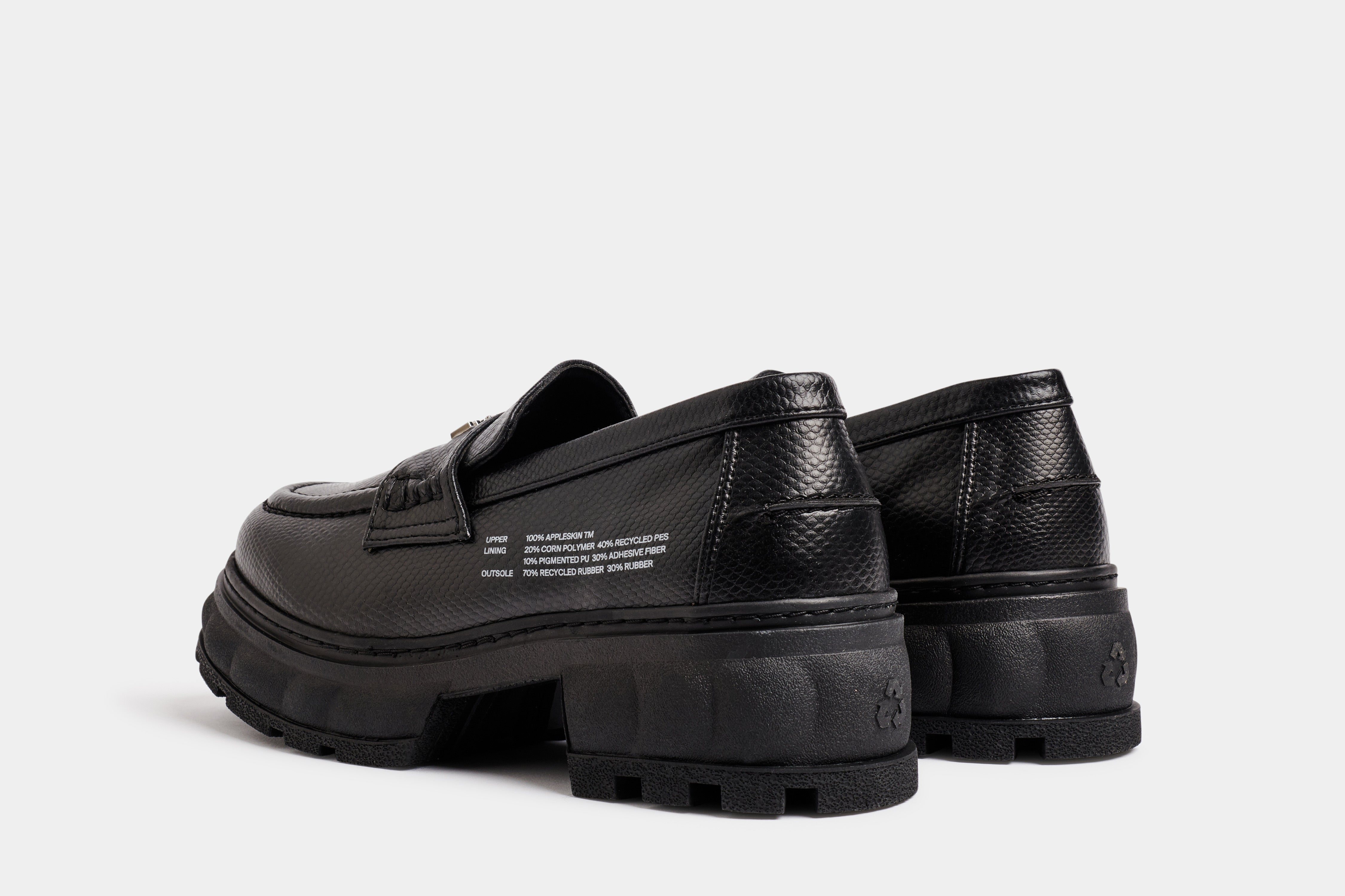 Quantum Vegan raised Loafer shoes in snakeskin optic out of Appleskin in Black Apple shown from the back